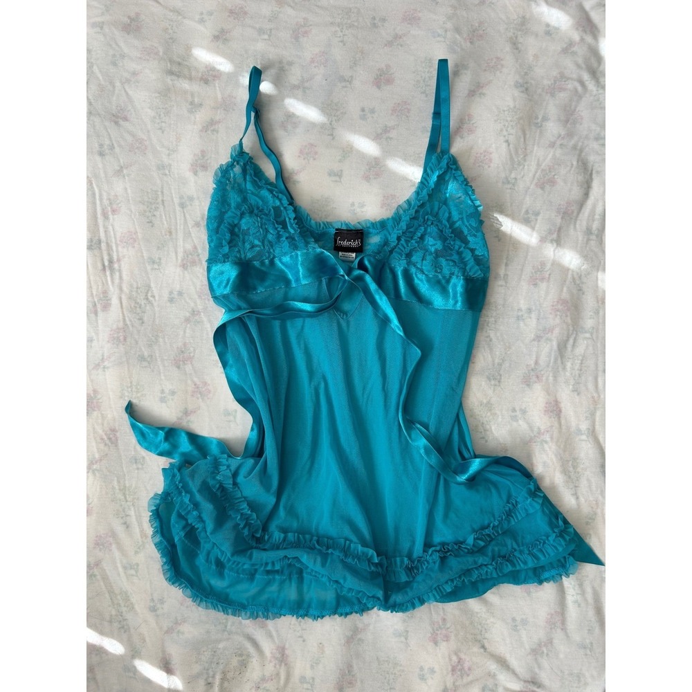 Fredericks of Hollywood‎ Teal Lace Ruffle Babydoll Top Tie Front Large Coquette